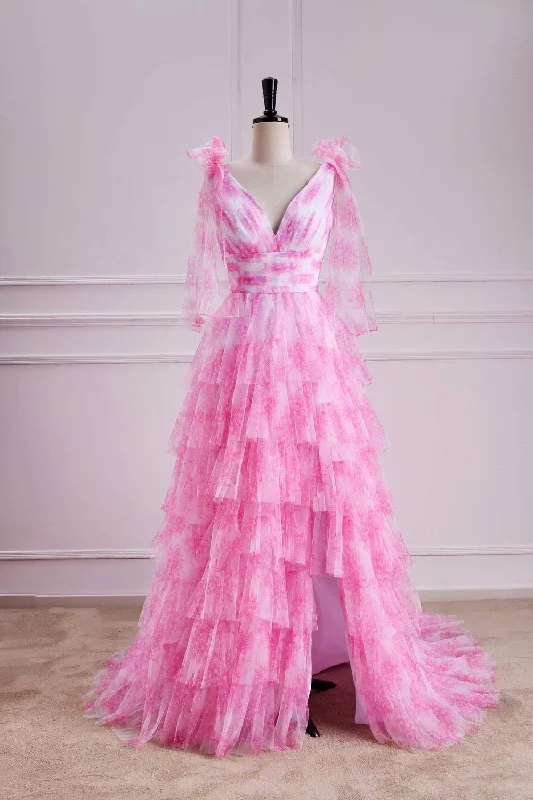 Quick Sale playful dressPink Floral Bow Tie Straps Layers A-line Long Prom Dress with Slit