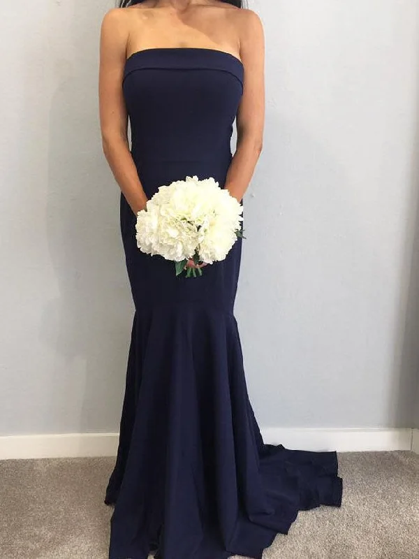 Deal of the Day draped dressStrapless Mermaid Navy Blue Long Bridesmaid Dress