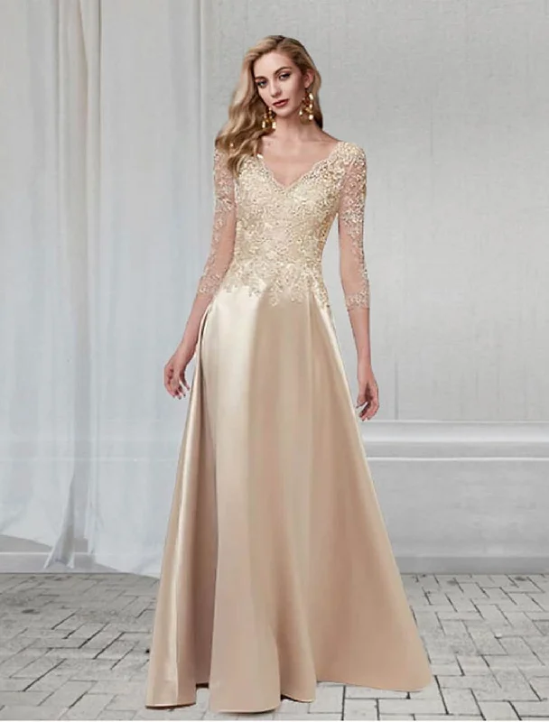 Early Access A-Line Elegant Wedding Guest Formal Evening Dress V Neck Length Sleeve Floor Length Chiffon with Appliques Early Access A-Line Elegant Wedding Guest Formal Evening Dress V Neck Length Sleeve Floor Length Chiffon with Appliques
