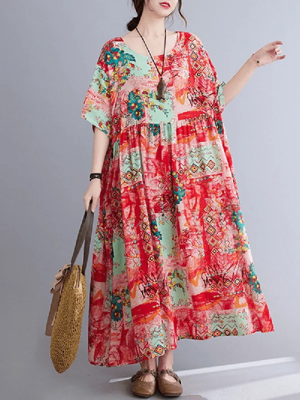 The Best Prices casual day dressO-Neck Floral Loose Bohemian Casual Summer Dress for Women