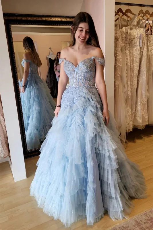 Time-Limited Offer printed dressLight Blue Off-Shoulder Floral Layers Long Prom Dress