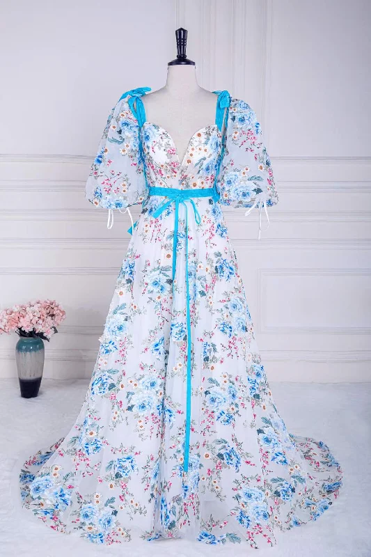 Fantastic Deals A-line dressBlue and White Floral Bow Tie Straps A-line Long Prom Dress with Slit