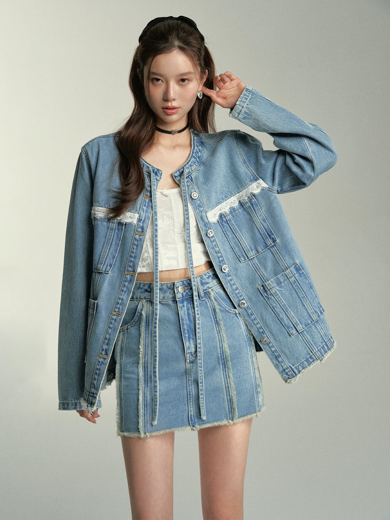 trendy jacketLace Spliced Denim Jacket & Mini Skirt Set