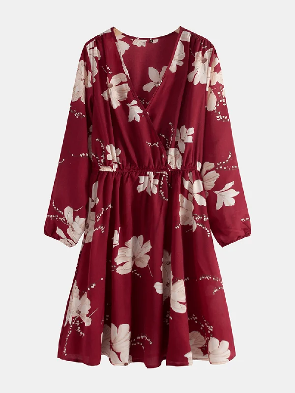 Early Bird Discount chic shift dressWomen Long Sleeve V-Neck Floral Print Mini Dress