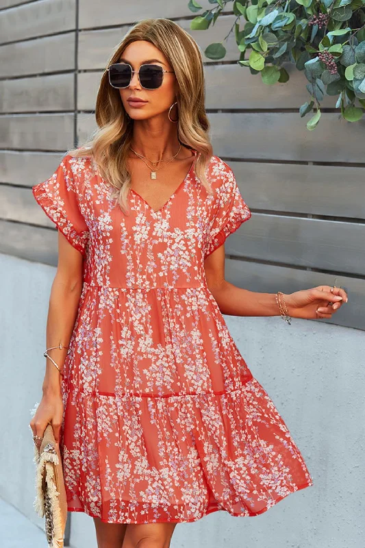 Quick Sale summer floral dressPrinted V-Neck Short Sleeve Tiered Casual Dress