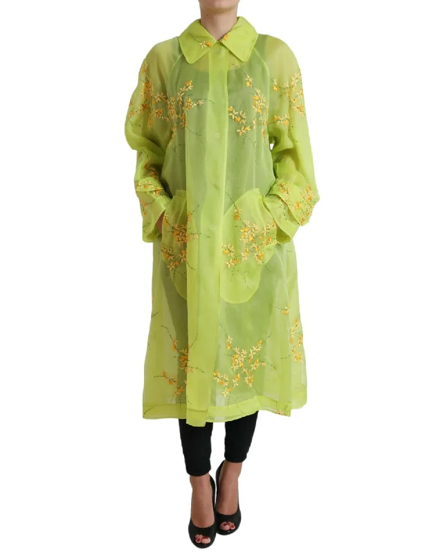 slim fit coatDolce & Gabbana  Floral Embroidered Silk Trench Coat - Green