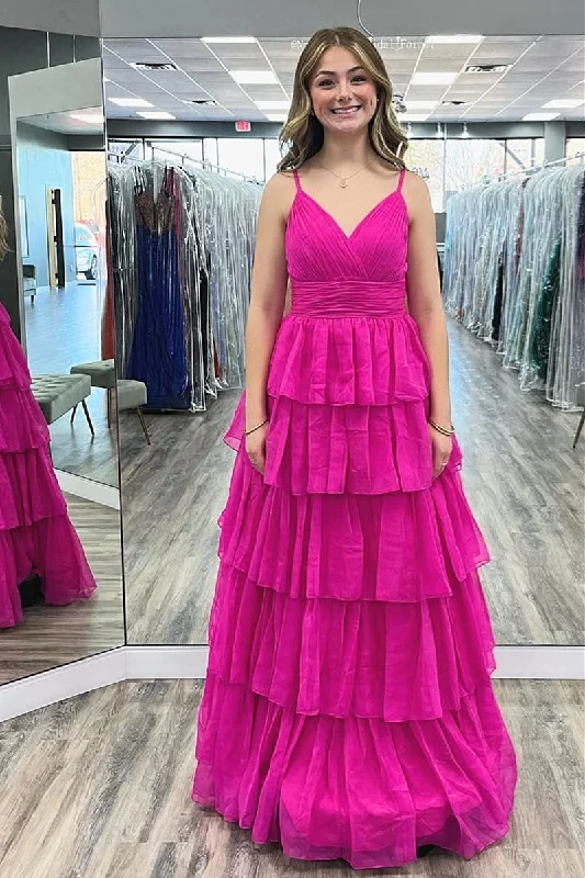 Limited Availability floral wrap dressFuchsia Spaghetti Straps Layers A-line Long Prom Dress