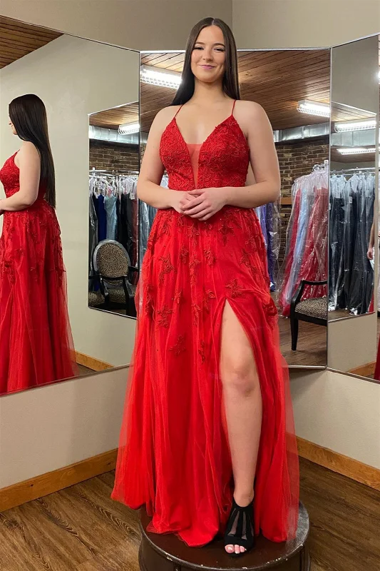 Don't Wait lace dressRed Plunging V Neck Floral Appliques Slip Long Prom Dress with Slit