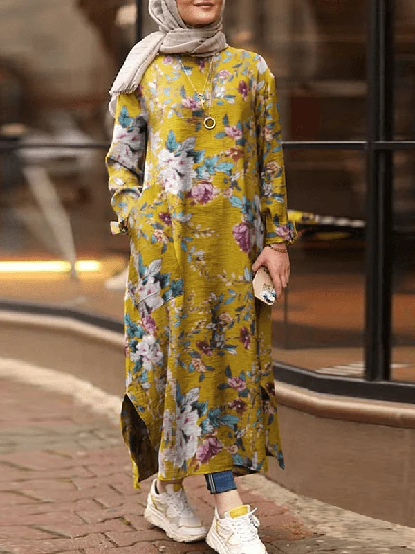 Today’s Deal pleated dressWomen Cotton Floral Print Loose Contrast Color Robe Kaftan Split Hem Shirt Dress with Pocket