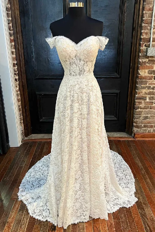New Deals elegant evening dressWhite Lace Off-the-Shoulder Cutout Floor-Length Wedding Dress