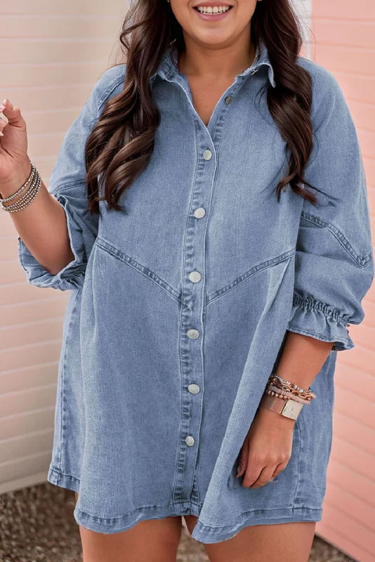 casual summer dressLight Blue Ruffled 3/4 Sleeve Buttoned Front Plus Size Denim Dress