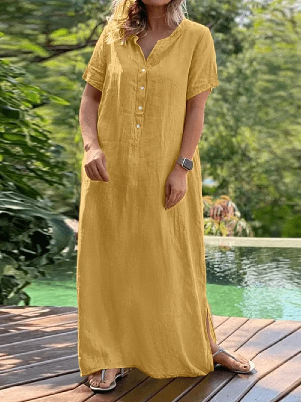 Daily Specials elegant maxi dressCasual Solid Crew Neck Short Sleeve Button Bohemia Maxi Dress