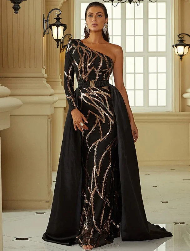 Huge Discounts Evening Gown Sexy Dress Formal Long Sleeve One Shoulder with Sequin
