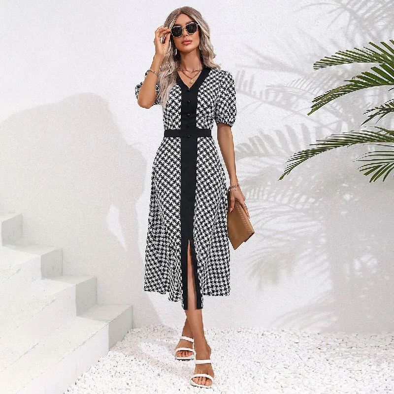 Midnight Sale office dressJanice Summer Casual Puff Sleeve Slit Midi Dress