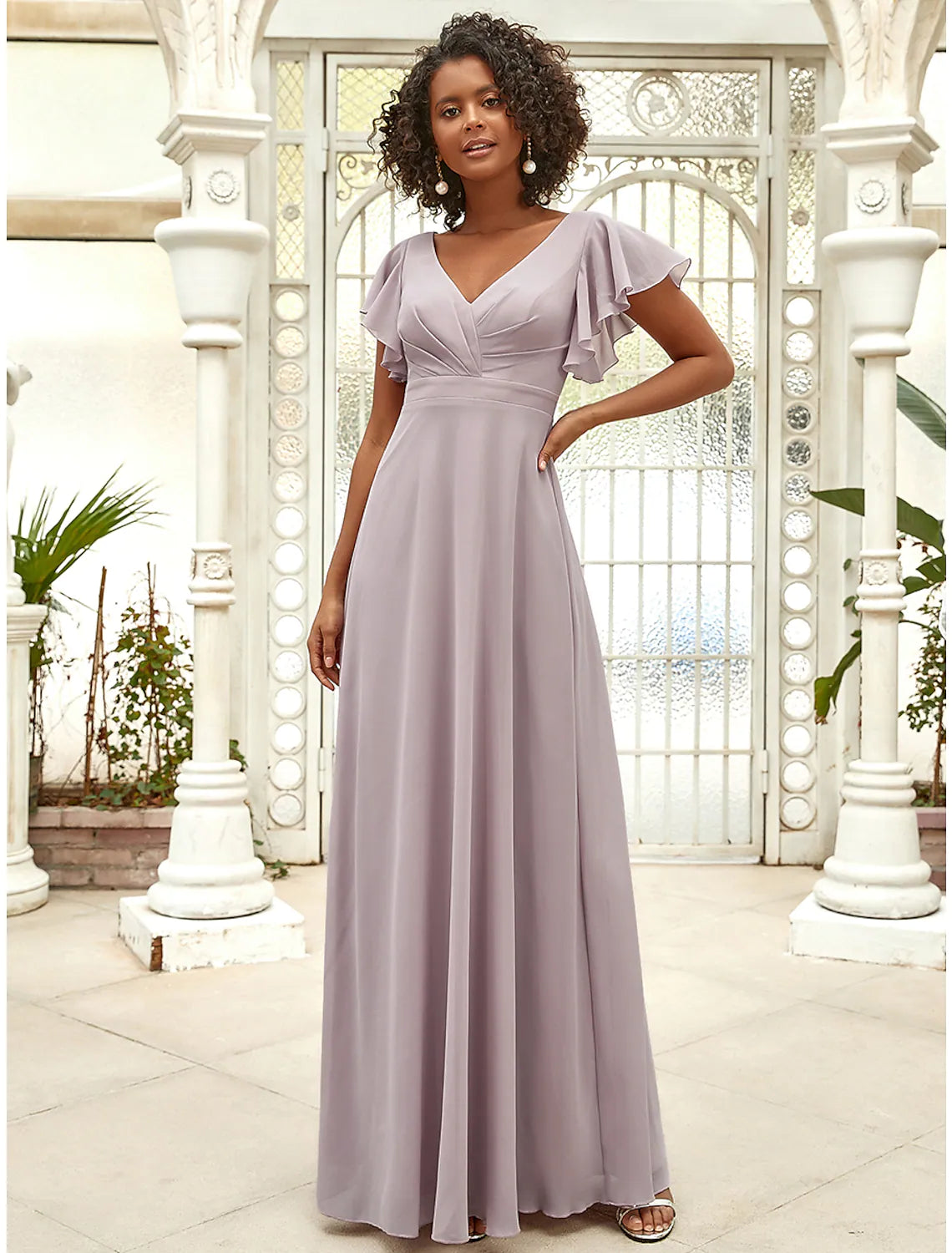 Limited Availability A-Line Evening Gown Vintage Dress Wedding Guest Floor Length Short Sleeve V Neck Chiffon with Ruffles