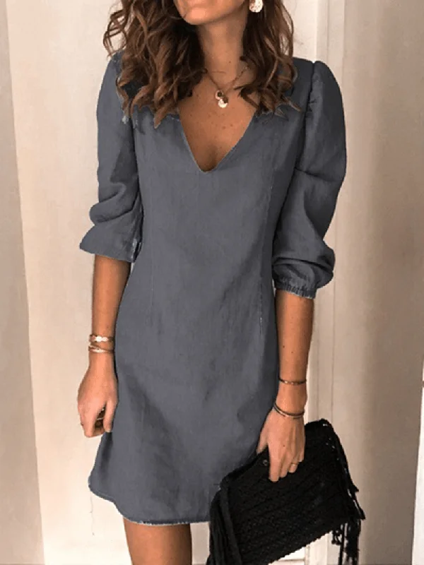 Mega Deal oversized dressV-Neck Denim Mini Shirt Dress with 3/4 Sleeves for Women - Casual and Chic