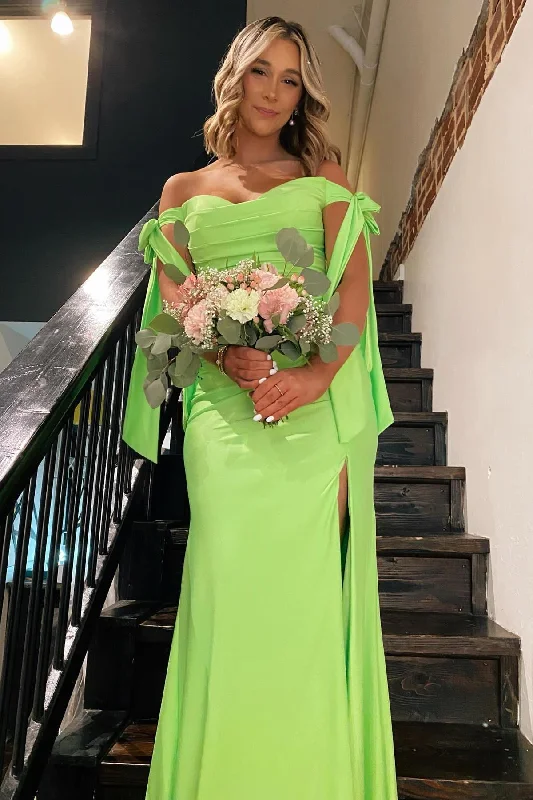 Must-Have Deals classic fit-and-flare dressOff the Shoulder Lemon Green Ruched Mermaid Long Formal Dress