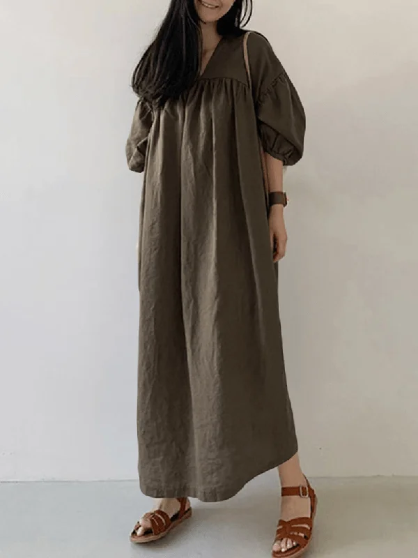 Act Fast puff sleeve dressWomen Cotton Solid Pleated Loose Puff Sleeve Maxi Dresses with Side Pockets