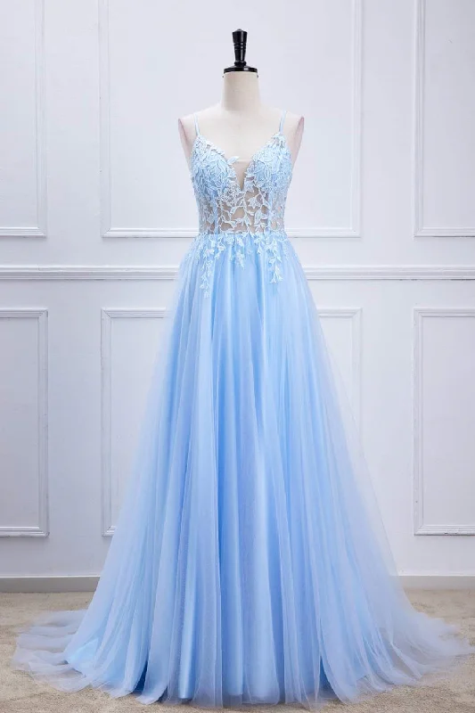 Exclusive Offers flowy dressLight Blue Lace-Up Appliques A-line Tulle Long Prom Dress