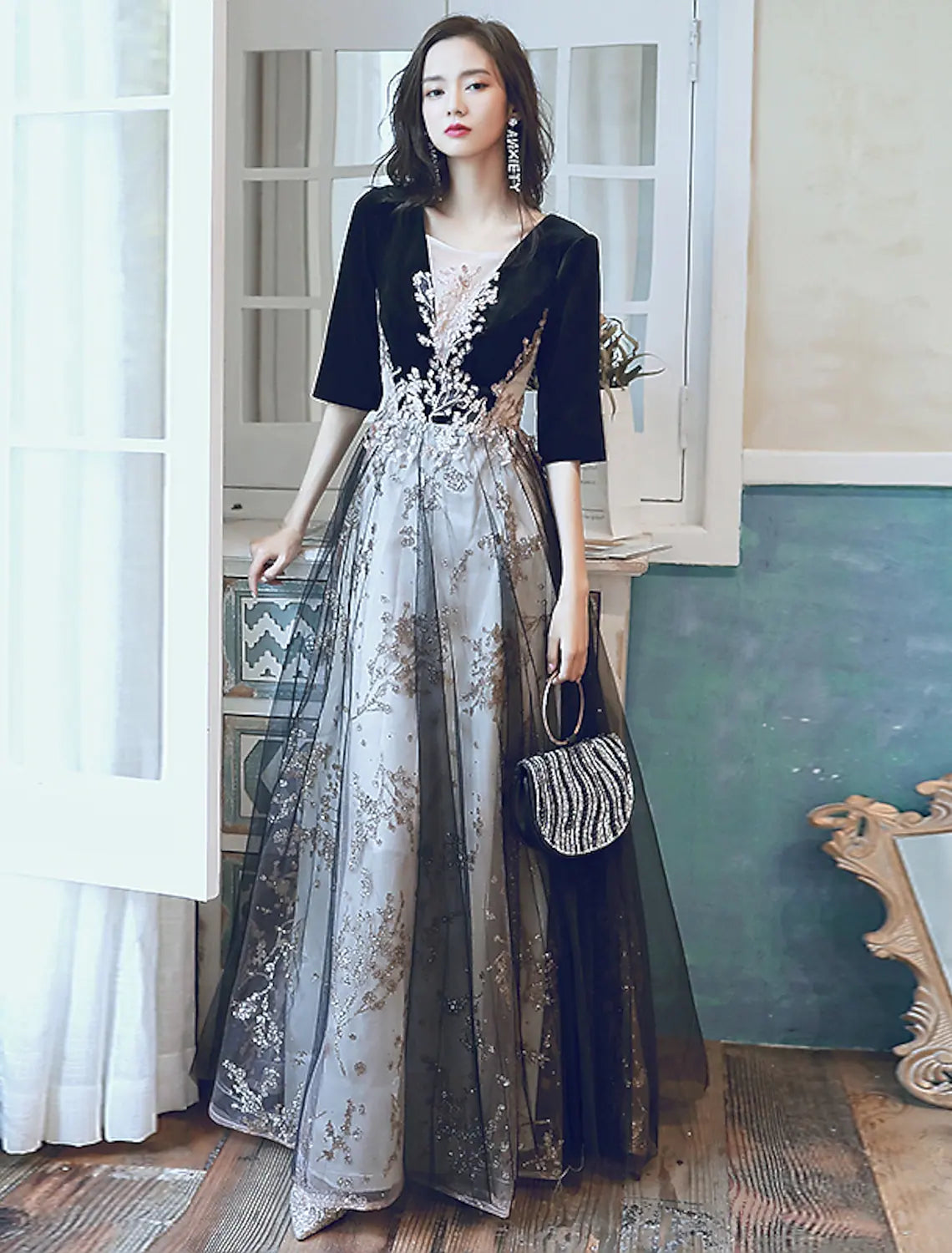 Friends and Family Sale A-Line Glittering Party Wear Formal Evening Dress Half Sleeve Floor Length Velvet with Sequin Appliques