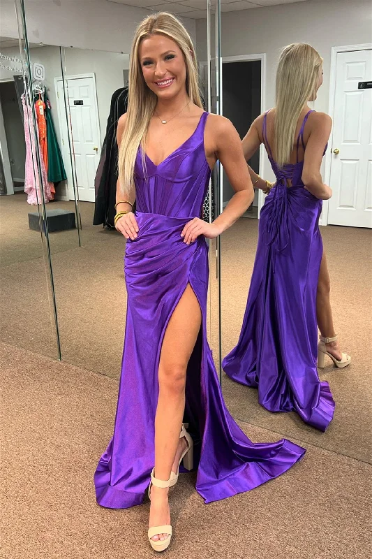 Lowest Price satin dressPurple Mermaid Satin V Neck Long Prom Dress with Slit