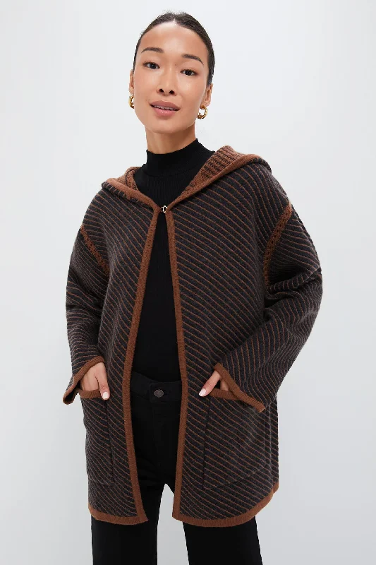 Steals and Deals chic padded coatDark Grey and Camel Stripes Cashmere Wool Blend Twill Coat