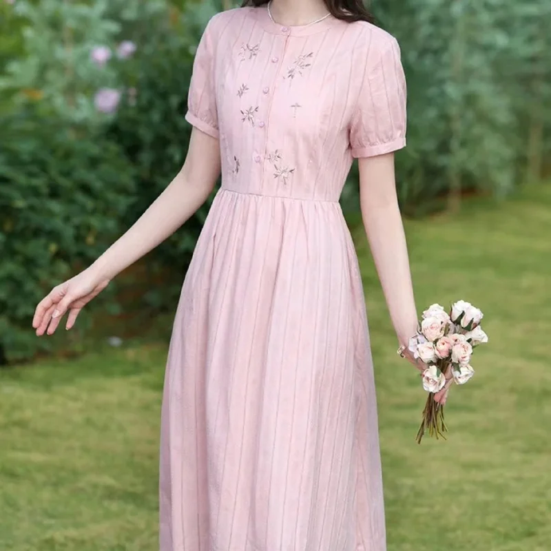 Sale Event bohemian dressSummer Pink Embroidery Dress