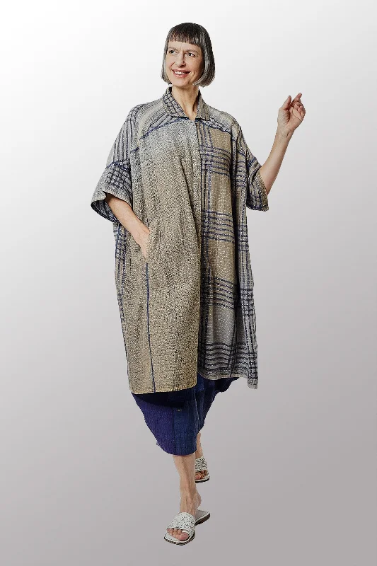 Don't Wait INDONESIAN PRINT VINTAGE INDIGO BACKING KANTHA WIDE SHIRT DRESS - bi2448-blu -