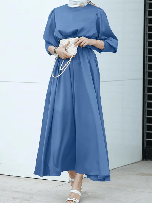Price Drop casual slip dressWomen Pure Color Lace up Puff Sleeve Casual Kaftan Maxi Dresses