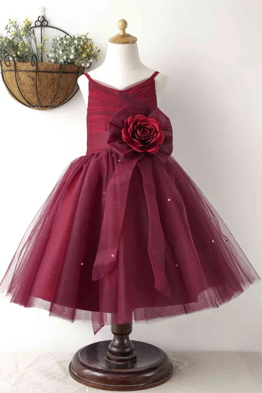 Mega Deal stylish party dressPrincess Burgundy Beaded Flower Girl Dress with Flowers