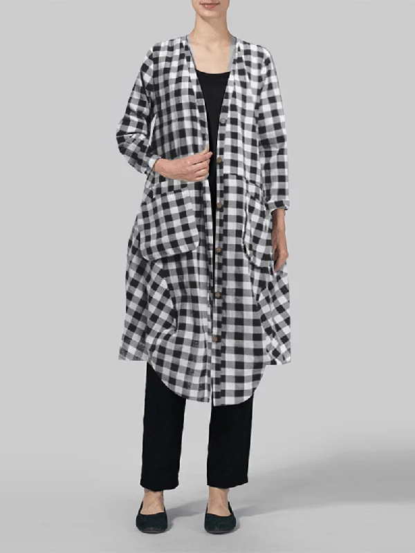 Online Specials formal dressWomen Casual Loose Plaid Long Sleeve Button Pockets Dress