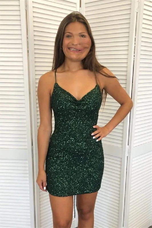 One-DAY Sale sleeveless dressHunter Green Sequins Lace-Up V Neck Homecoming Dress