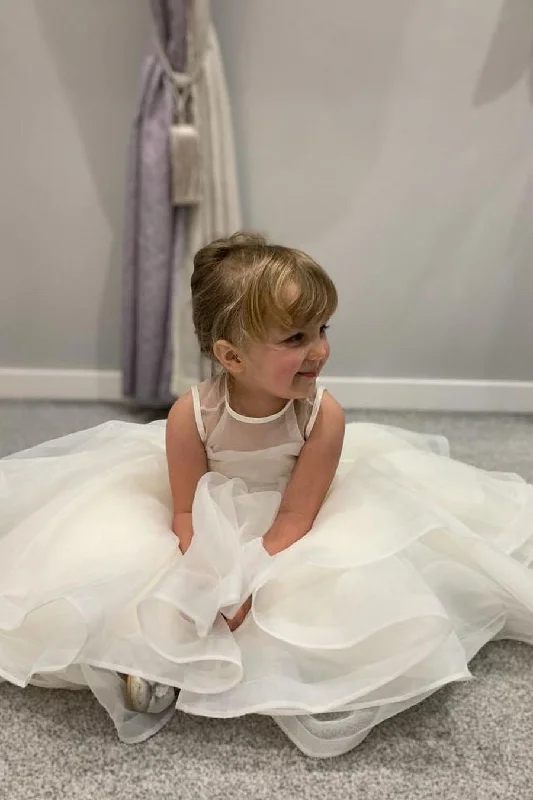 Year-End Sale pleated maxi dressWhite Illuison Neck Sleeveless Multi-Layers Long Flower Girl Dress with Buttons
