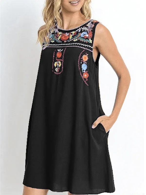 Take Advantage party dressFlower Embroidery Crew Neck Sleeveless Loose Midi Dress with Pockets