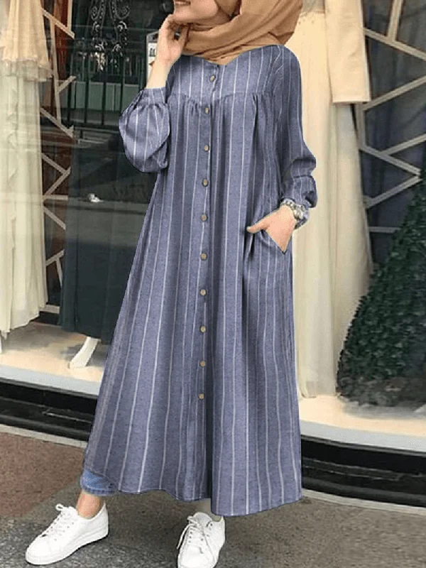 Deal Dash velvet dressWomen Casual Stripe Print Button Long Sleeve Side Pocket Shirt Maxi Dress