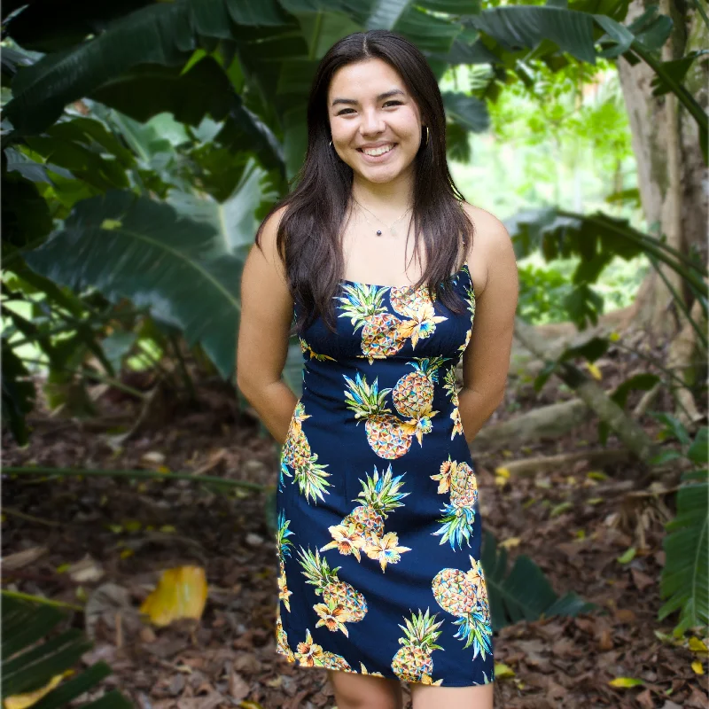 Deal Zone Pineapple Blue Skinny Strap Short Hawaiian Dress