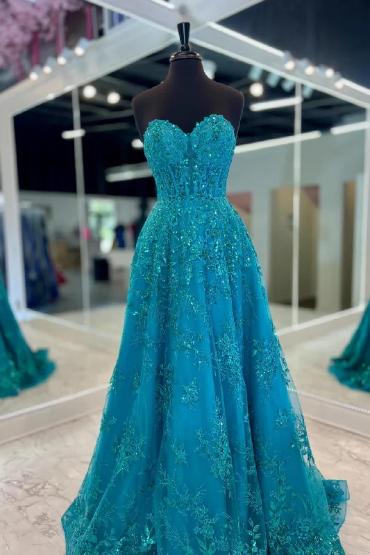Best Seller trendy mini dressSweetheart Blue Lace Appliques A-line Long Formal Dress