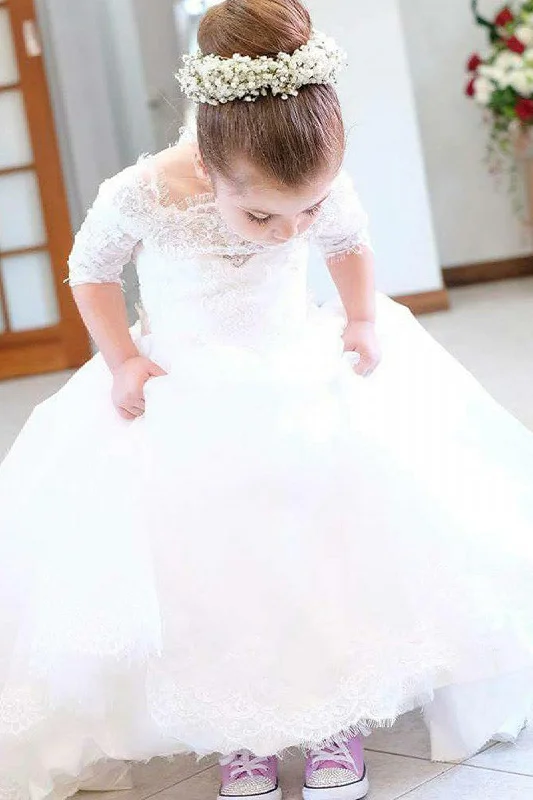 Closeout denim dressCute Off the Shoulder White Flower Girl Dress