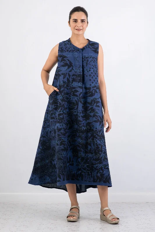 Price Break MONOTONE TWILIGHT PRINT KANTHA BAND COLLAR MAXI DRESS - tp2439-nvy -