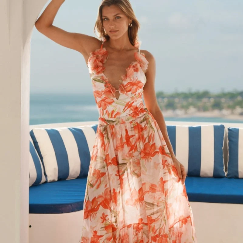 Final Markdown wrap-around dress3D Flower Printed V-neck One-piece Swimsuit Mid-length Dress Set