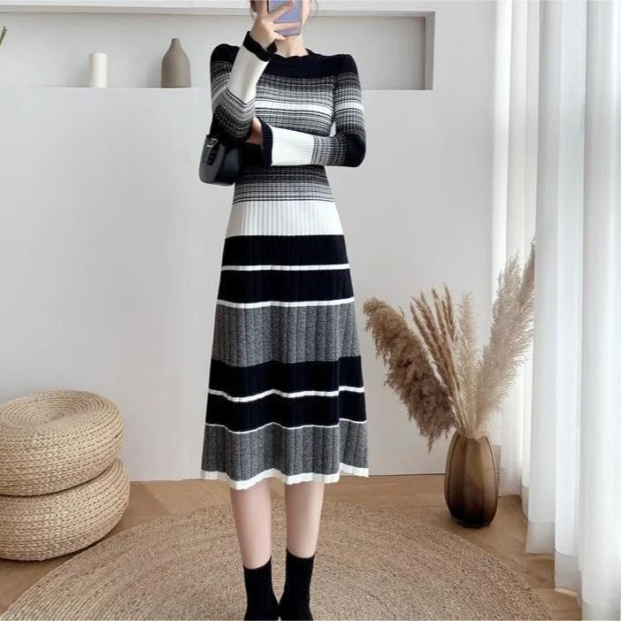 Reduced Prices one-shoulder dressElegant Striped Knitted Dress Women