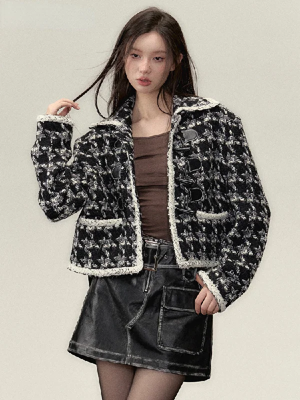 Hot Deal warm outerwearBlack Short Plaid Wool Jacket