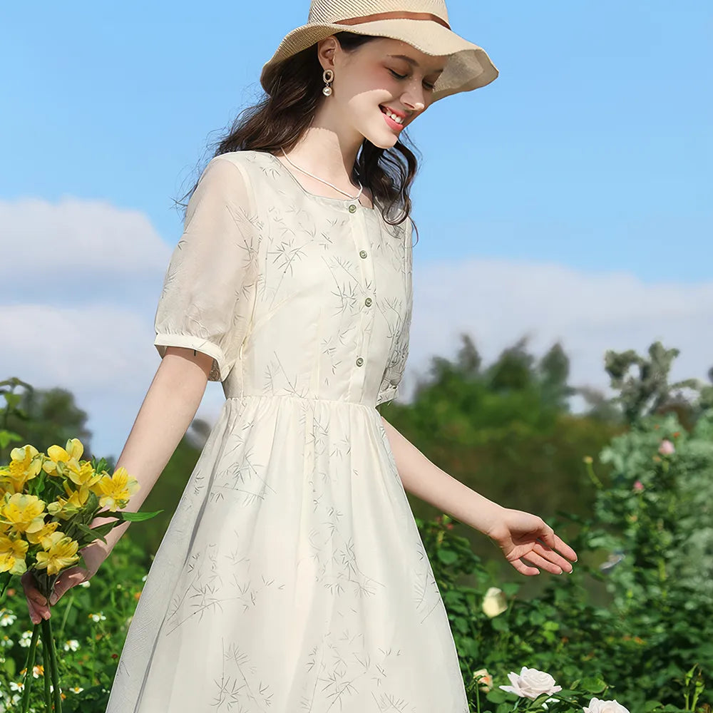 Discount Deals midi dressFrench Floral Square Neck Summer Dress