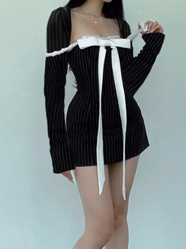 long-sleeve floral dressNew style French square neck bow tie temperament striped long-sleeved Sexy Mini dress