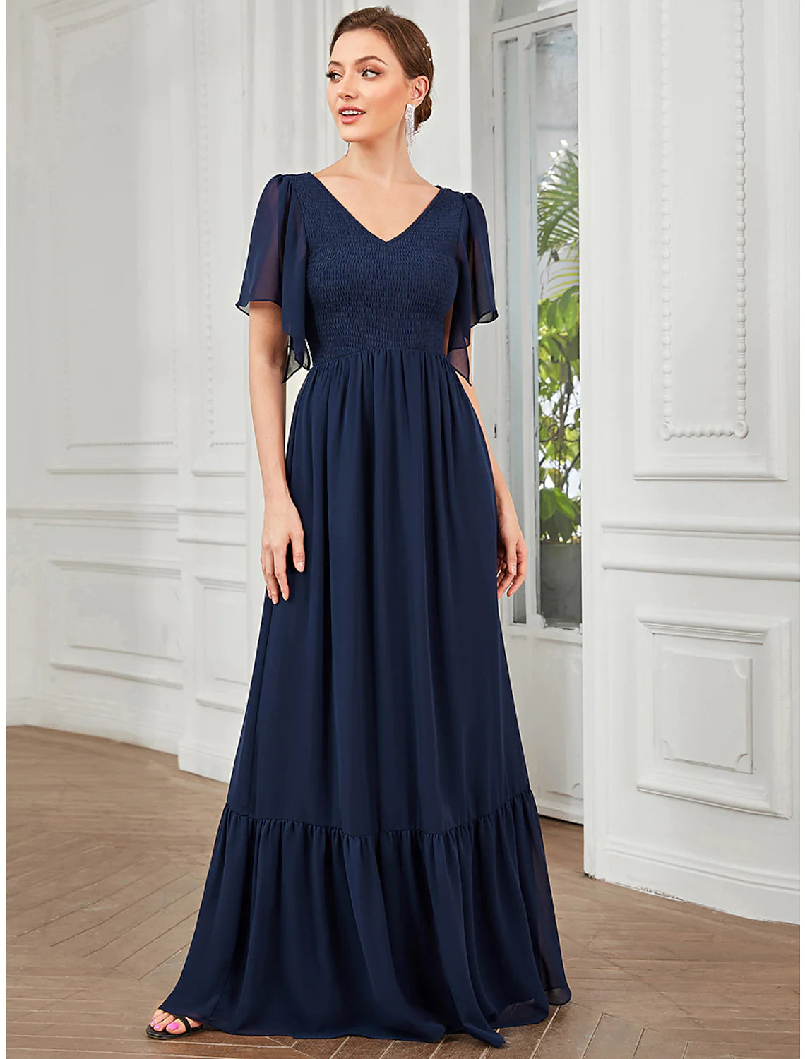 Lowest Price A-Line Prom Dresses Elegant Dress Party Wear Floor Length Short Sleeve V Neck Chiffon with Pleats