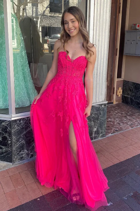Mega Sale long-sleeve floral dressHot Pink Strapless Floral Appliques A-line Long Prom Dress with Slit