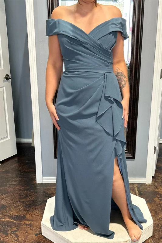 Hurry In trendy mini dressMist Off-the-Shoulder Chiffon Ruffle Long Bridesmaid Dress with Slit