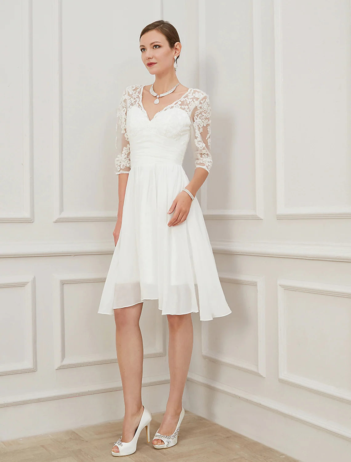Price Buster Bridal Little White Dresses Wedding Dresses Knee Length A-Line Half Sleeve V Neck Chiffon Draping Appliques
