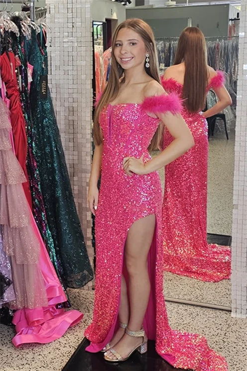 Friends and Family Sale ashionable dressHot Pink Feathered Off-Shoulder Mermaid Sequins Long Prom Dress with Slit