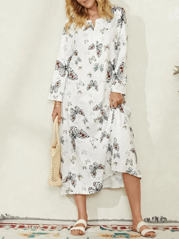 Seasonal Clearance casual dressWomen Butterfly Print Long Sleeve Pocket Casual Maxi Dress